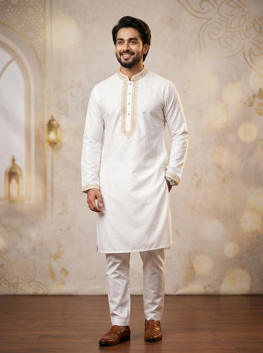 Royal White Cotton Panjabi (রয়েল হোয়াইট পাঞ্জাবি)